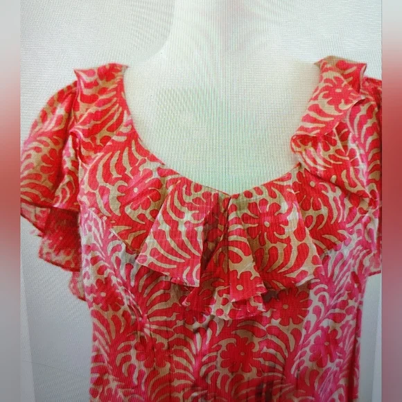 NWOT Milly Coral Red & Tan Leafy Abstract Floral Ruffle Blouse Silk Top M - Picture 5 of 10